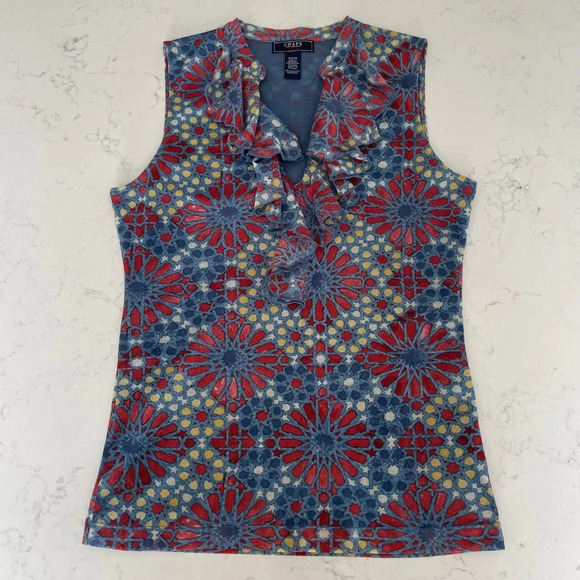 Chaps Denim Sleeveless V Neck w Frills Lined Print Top Blue Red Gold Sz S - Picture 3 of 9